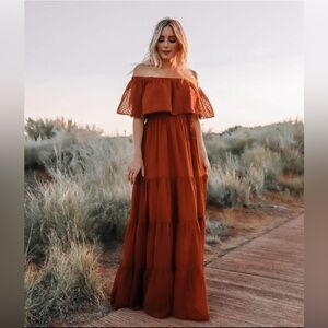 Baltic Born Rust Swiss Dot Off Shoulder Maxi
